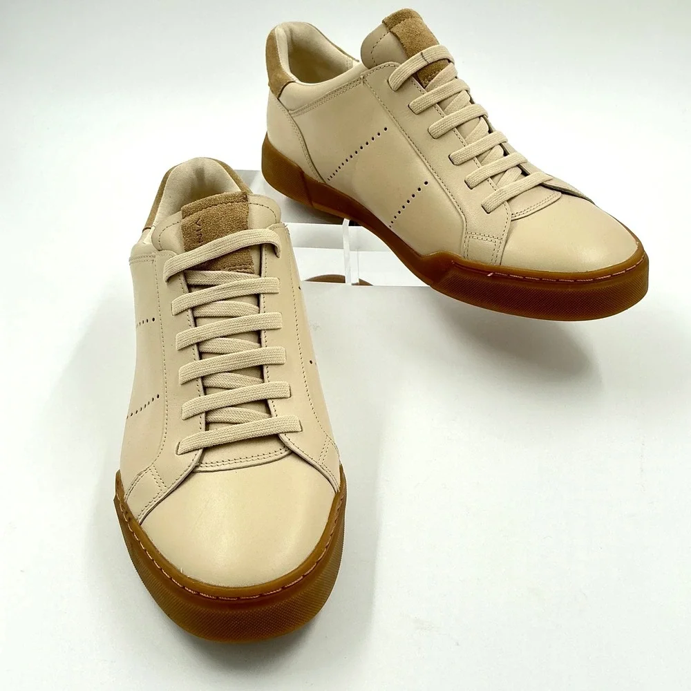 Vince Mens 10.5 Low Top Leather Sneakers Bone Tan Suede Gum Sole NEW Mercer $250